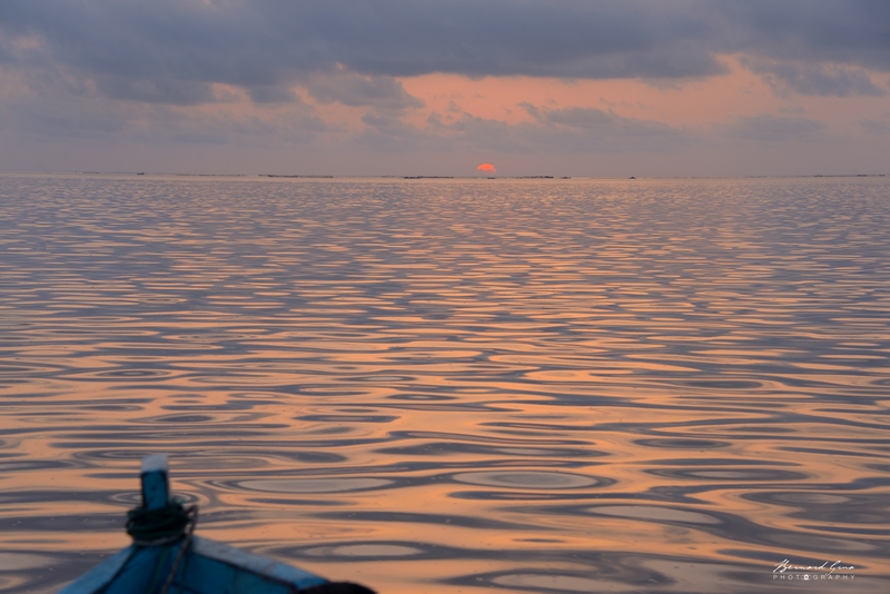 30/09/2016. Il est six heures du matin. Voici près de deux heures que le Raïs Fathi fait route, bois le thé chauffé sur son canoun dans les vibrations et le ronronnement de tracteur de son moteur. Il est déjà bien au large (environ 15 km). Pourtant le soleil émergeant derrière le banc de brume ainsi que derrière une charfia (grand piège à poisson en palmes) montre une eau très peu profonde où ondulent les possidonnies. A proximité de cette charfia, il devine quelques embarcations au mouillage. Pêcheur solitaire, Fathi n'a habituellement personne avec qui partager cette beauté.