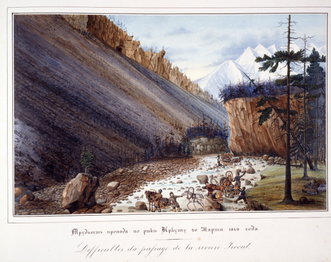 Passage difficile des traîneaux sur la rivière Irkout, 20 mars 1849. Album : Souvenirs de Sibérie, 1840-1862 Jean-Pierre Alibert, 1820-1905 – Gouache signée Carl. Wolff © Musée des arts et métiers-Cnam, Paris / photo M. Favareille