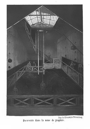 Intérieur de la mine de graphite de Batougol (monts Saïan, Sibérie), découverte en 1847 et exploitée par Jean-Pierre Alibert. Planche tirée de La mine de graphite de Sibérie découverte en 1847 par M. J.-P. Alibert, Paris, Poitevin, 1865.
