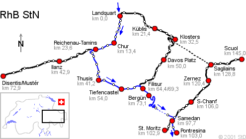 La ligne de la Bernina entre Chur et Pontresina, Glacier Express, Bernina Express - Rhätische Bahn, Chemins de fer rhétiques