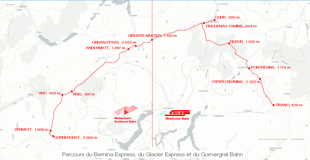Itinéraires du Bernina Express et du Glacier Express sur la voie de la Rhätische Bahn (RhB) puis sur celle de la Matterhorn Gotthard Bahn (MGB)