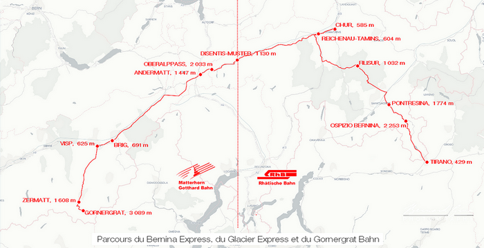 Itinéraires du Bernina Express et du Glacier Express sur la voie de la Rhätische Bahn (RhB) puis sur celle de la Matterhorn Gotthard Bahn (MGB)