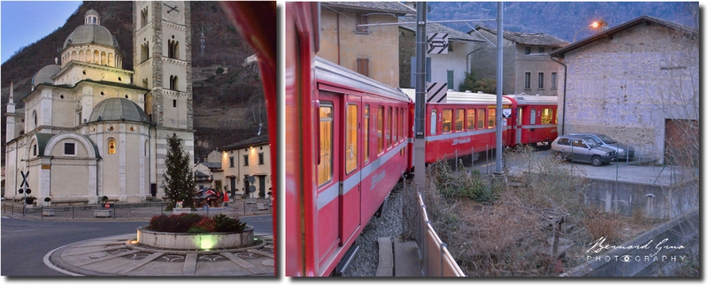 Passage du train sur la place de la Madonna di Tirano et dans les rues, Bernina Express - Voyage Bernard Grua - Rhätische Bahn, Chemins de fer rhétiques