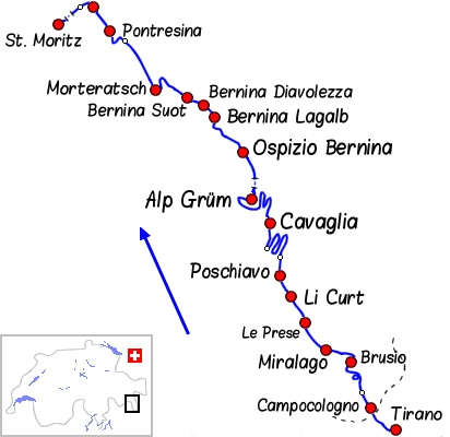 Carte Tirano à Pontresina par la ligne de la Bernina - Voyage Bernard Grua - Bernina Express - Rhätische Bahn, Chemins de fer rhétiques