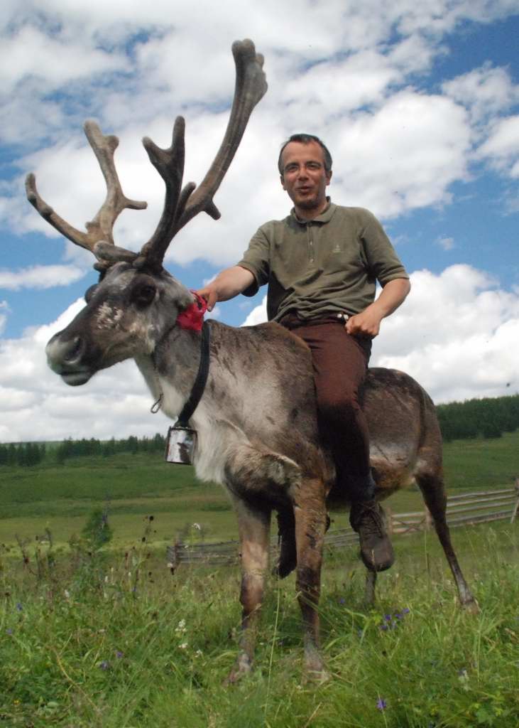 Bernard Grua sur un renne d'Ourda Oure, pays des Soyts, plateau de l'Oka, Monts Saian Orientaux, Sibérie
