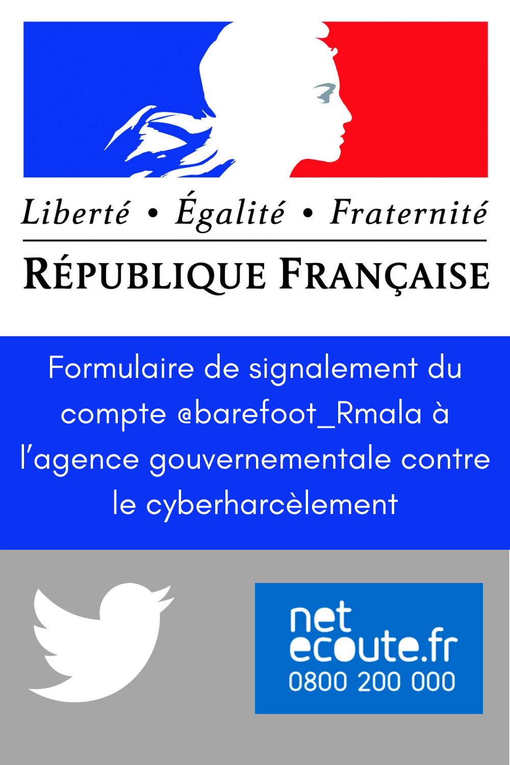 Ce document est la re-transcription des éléments ayant renseigné le formulaire de signalement adressé à l'agence gouvernmentale « Net Ecoute » contre le cyber-harcèlement. Il concerne la dénonciation du flot de Tweets haineux et calomnieux propagé par la pakistanaise Ramla Akhtar, alias Rmala Aalam, depuis son compte @barefoot_rmala en vue d'obtenir la suppression des ses écrits criminels déjà publiés, d'en empêcher la continuation et d'obtenir le bannissement, sous Twitter, de leur auteure.