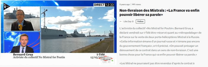 15 mai 2015 - La rédaction parisienne d'i-Télé affirme une clause inexistante d'un contrat qu'elle n'a pas lu en s'appuyant sur les dires de Rogozine, adversaire déterminé de la France dans le litige Mistral et ailleurs. 