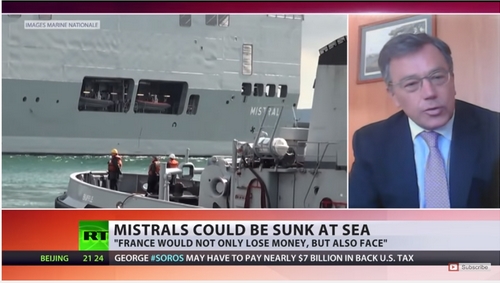 Jean-Pierre Thomas sur RT le 6 mai 2015 à 15:23 (heure de Paris). Il est le premier propagandiste pro-Poutine à transformer "l'option" du sabordage en une DECISION de l'Elysée tout en dévoilant une ignorance abyssale du dossier. Son intervention sera distribuée à plusieurs reprises par les médias du Kremlin.