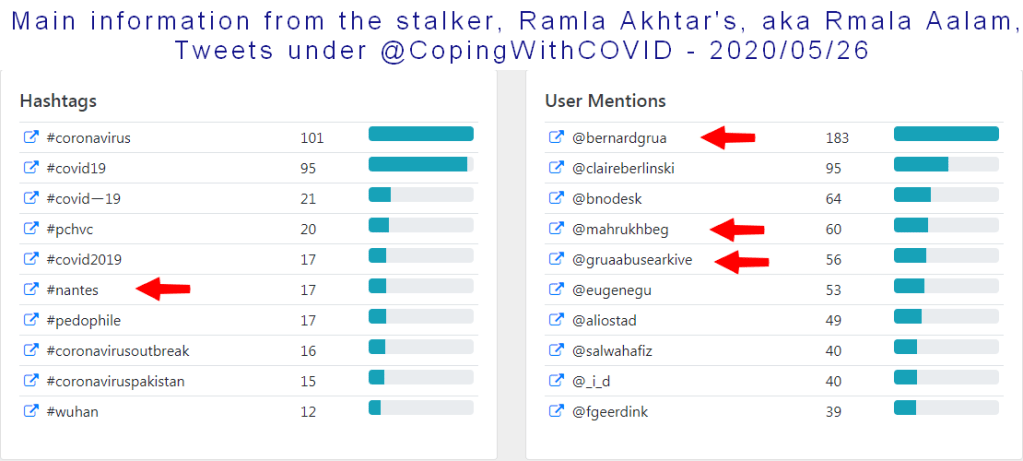 Main information from 2,340 tweets sent by Ramla Akhtar, aka Rmala Aalam on @CopingWithCovid