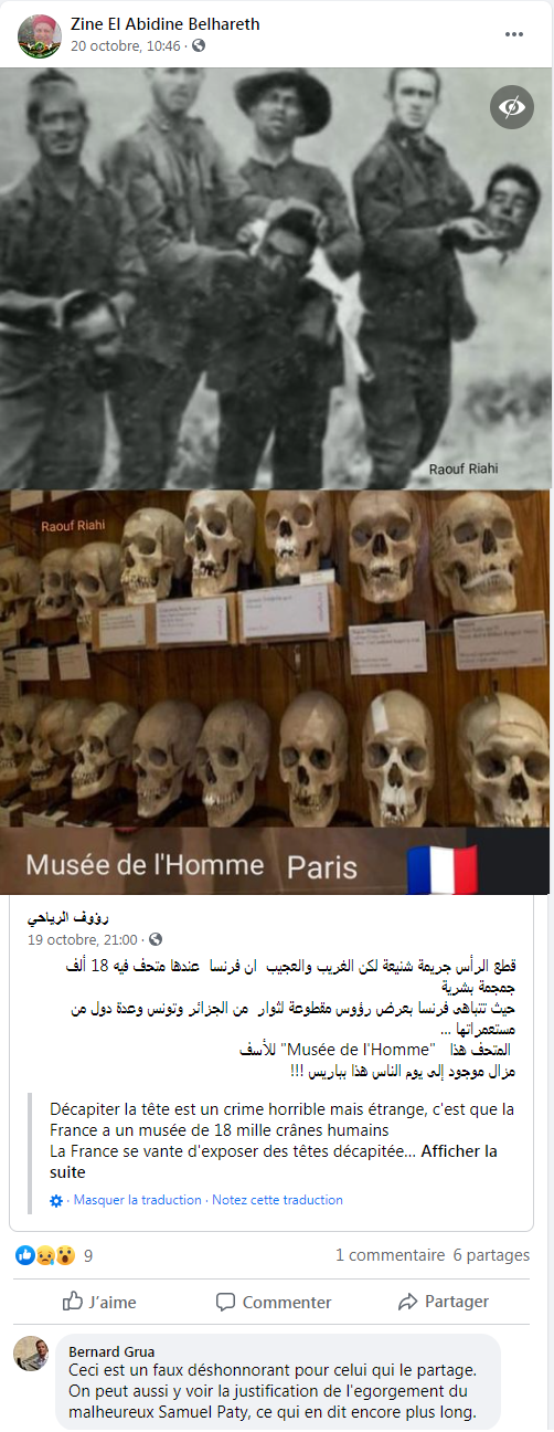 Il s'agit d'un fake mixant histoire et manipulation. Selon Al Arabia, la première photo montre bien des soldats français pendant la guerre d'Algérie. Mais il n'a jamais été écrit que les crânes furent conservés au Musée de l'homme.
