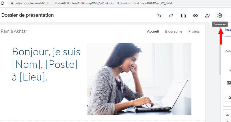 Ouverture des paramètres Google Sites