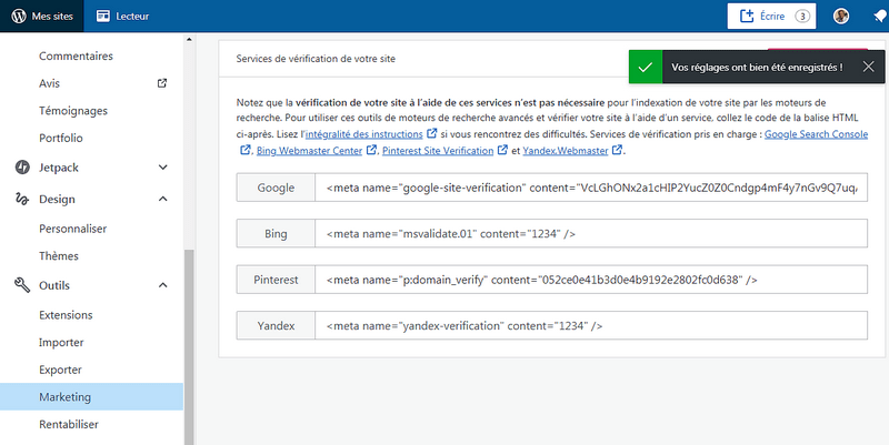 Wordpress, cliquez sur "Enregristrer les réglages" pour que votre site soit mis à jour de la balise HTML founrie par Google Search