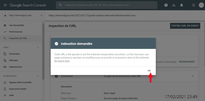 La Google Search Console confirme que l'indexation est demandée pour la nouvelle page ou pour le nouvel article.