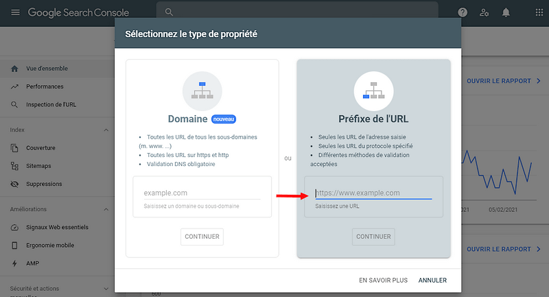 Ouvir la Google Search Console pour indiquer l'adresse du site