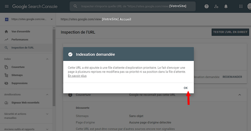 Demande d'indexation de page ou d'article prise en compte par Google Serach Console