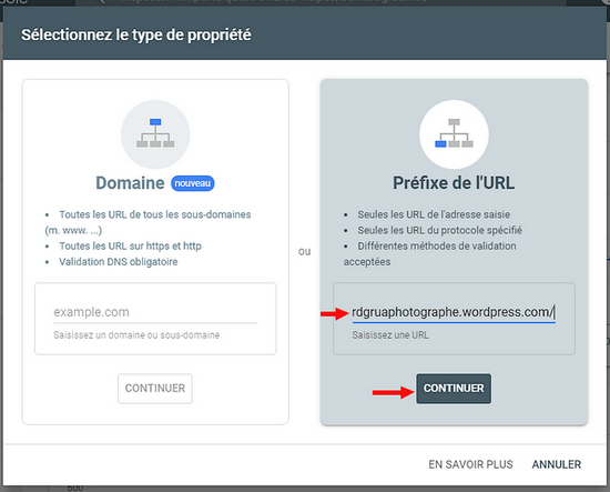 Search Console, coller l'adresse du site WordPress dans la colonne de droite