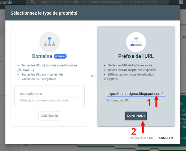 Coller l'URL du site Blogspot dans la Google Search Console