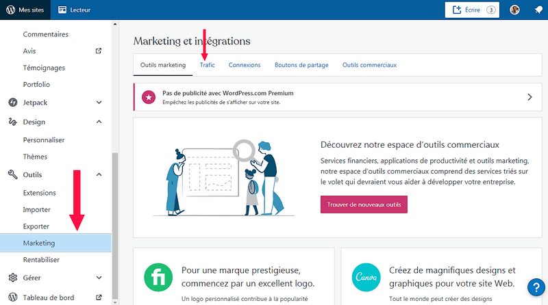 Wordpress, dans la colonne de gauche cliquer sur "Marketing", colonne de droite, cliquer sur "Trafic".