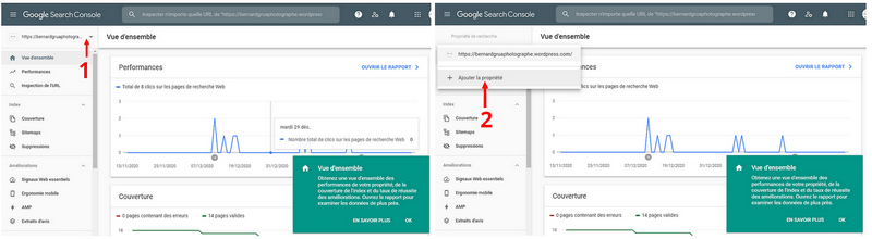 Ajout de propriété dans le cas où la Search Console serait déjà liée à un ou plusieurs sites.