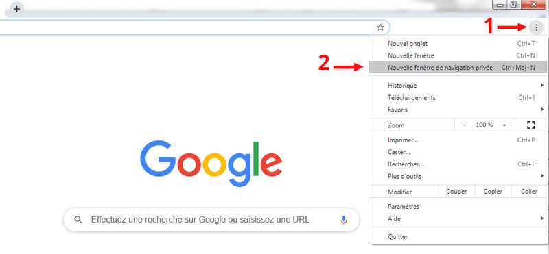 Sélectionner "Nouvelle fenêtre de navigatioon privée" sur le moteur de recherche Google