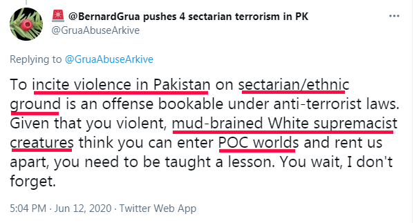Ramla Akhtar: Inciter à la violence sur des bases confessionnelles/ethniques est un délit couvert par les lois anti-terroristes. Les créatures suprémacistes blanches au cerveau de boue considère qu’elle peuvent entrer ,dans lemonde des gens de couleurs (POC, People of Color)