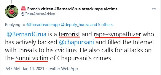 Ramla Akhtar: Exemple d'un fil Twitter de dénonciation calomnieuse. 