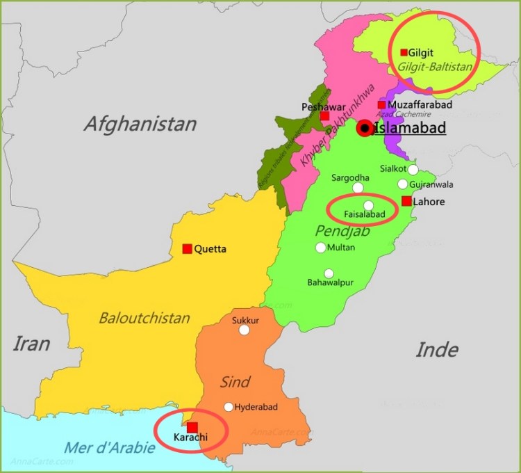 Ramla Akhtar Carte pakistan. En haut,la zone montagneuse du Gilgit-Baltistan, au "milieu", Faisalabad, en bas Karachi