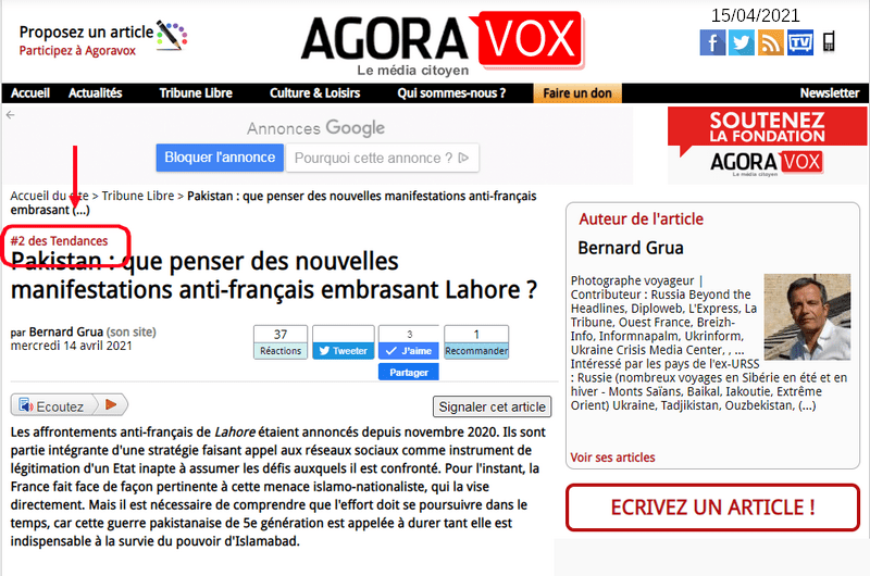 Sur le sujet du Pakistan, évitons d’accabler notre pays en de vaines querelles partisanes. Nous sommes face à une guerre hybride, avec laquelle nous devons apprendre à vivre, sur le long terme, et pour laquelle nous devons encore mieux nous protéger en usant de contre-propagande et de mesures prophylactiques en perpétuelle adaptation. Lire, absolument, l'étonnant article : The Anatomy of Pakistan’s 5th generation warfare Le désordre criminel précédemment cantonné à l'Afghanistan et au Cachemire a des ambitions régionales, voire mondiales.