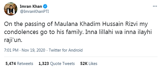 Condoléances d'Imran Khan à la famille Khadim Hussain Rivzi le fondateur du Tehreek-e-Labbaik