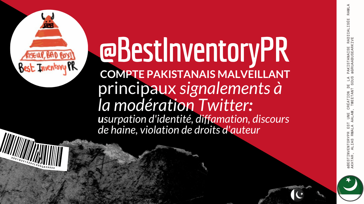 Le compte Twitter @BestInventoryPR a été créé au Pakistan, en juillet 2021, dans le dessein de nuire au responsable d'une société française basée à Nantes. Le présent document expose les principales plaintes adressées à la modération du réseau social. Elles concernent le harcèlement, la diffamation, la dénonciation calomnieuse, l'usurpation d'identité et la violation de propriété intellectuelle.