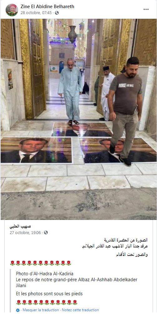 Cette photographie relayée par Zine El Abidine Belhareth, زين العابدين بلحارث, indique bien les passerelles existantes entre islam religieux et islam politique, entre islam modéré et islam extrémiste. On peut légitimement se demander si l'instrumentalisation d'un tel mausolée ne montre pas plus un manque de respect à l'égard d'une grande figure de l'islam que vis-à-vis du président Macron. Lequel, rappelons-le, accepte le principe des caricatures, même à son égard. Quoi qu'il en soit, une telle confusion une telle perte du sens du sacré, a bien pour objectif de susciter la haine et de rendre légitime l'égorgement de trois victimes dans un édifice religieux chrétien comme le montre, le lendemain, à Nice, le Tunisien Brahim Issaoui.