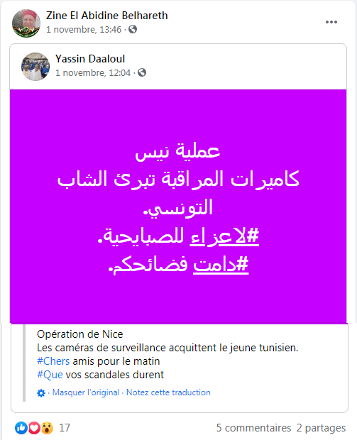 Zine El Abidine Belhareth, زين العابدين بلحارث, laisse croire, à partir d'un post non sourcé, que le Tunisien, et musulman, Brahim Issaoui est innocent du triple de meurtre de Nice. En réalité, une personne proche d'Issaoui était aussi suspectée. Elle a été exonérée de toute charge lorsque la vidéo de surveillance a été visualisée. Belhareth n'en parle pas, car on continue à progresser dans la thèse complotiste.