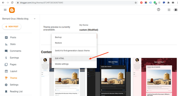 Entrer dans la modification d'un thème Blogger, capture par Bernard Grua