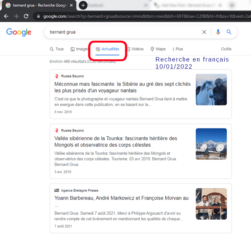 Les résultats de recherche Google Bernard Grua pour "Actualités" sont propres. Un