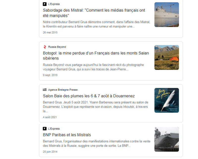 Les résultats de recherche Google Bernard Grua pour "Actualités" sont propres. Deux