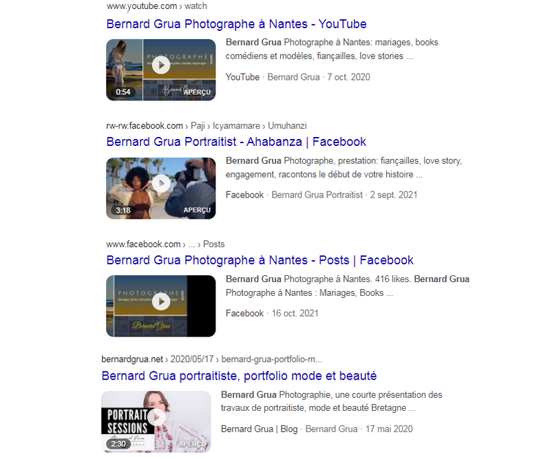 Les résultats de recherche Google Bernard Grua pour "Vidéos" sont propres. Deux