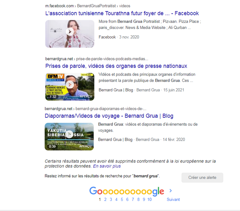 Les résultats de recherche Google Bernard Grua pour "Vidéos" sont propres. Trois