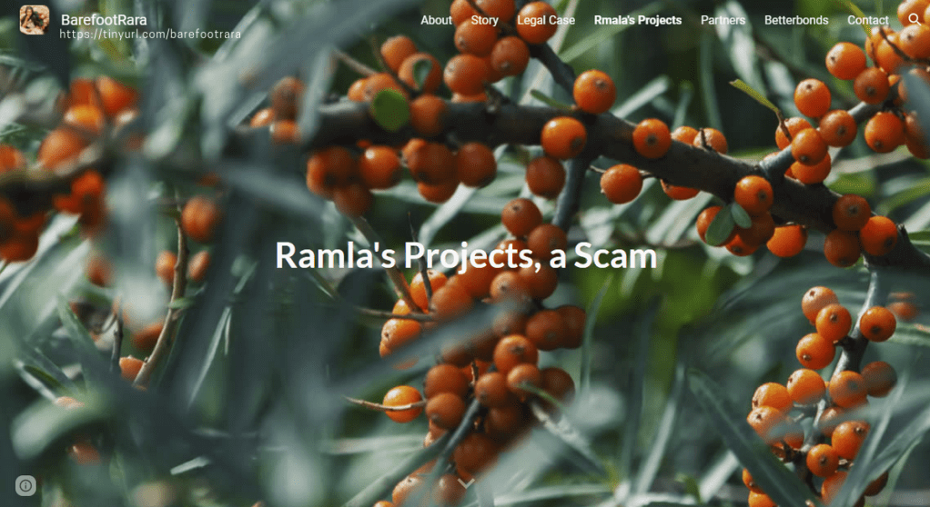@BarefootRara website, cover for the section "Ramla's Projects, a scam"
