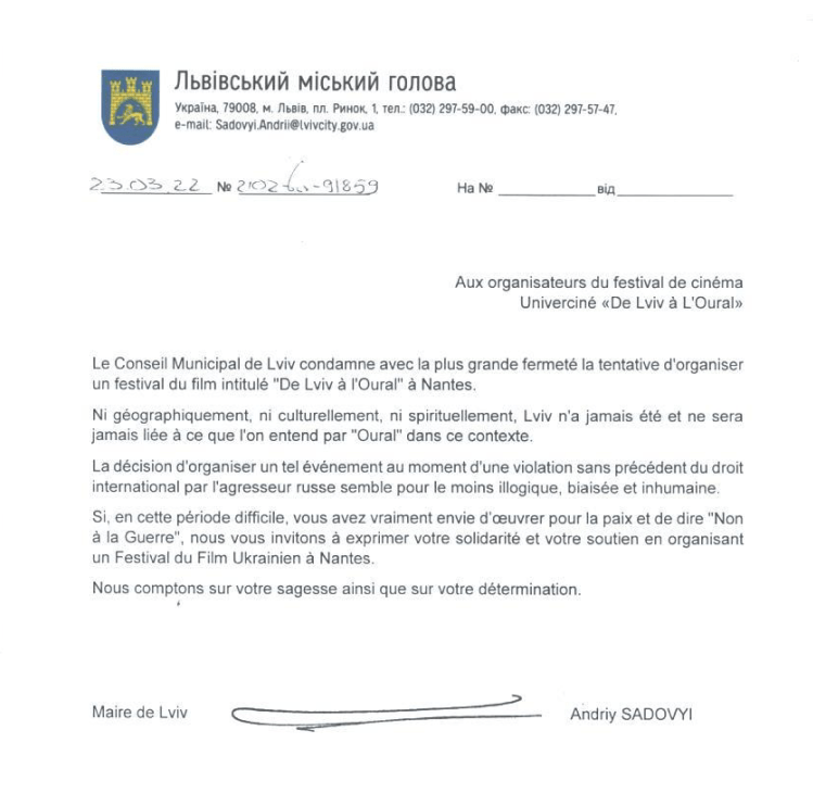 Lettre du maire de Lviv en français