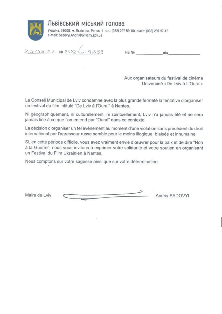 Lettre du maire de Lviv à Univerciné, français