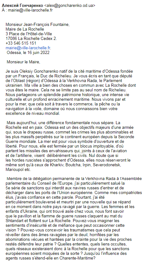 Frégate Shtandart, lettre du député Oleksiy Goncharenko au Maire de La Rochelle page 1