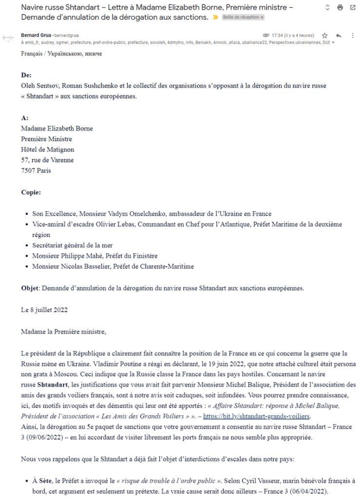 Scandale du Shtandart: Roman Sushchenko et Oleh Sentsov - lettre à la première ministre, Elisabeth Borne -page une