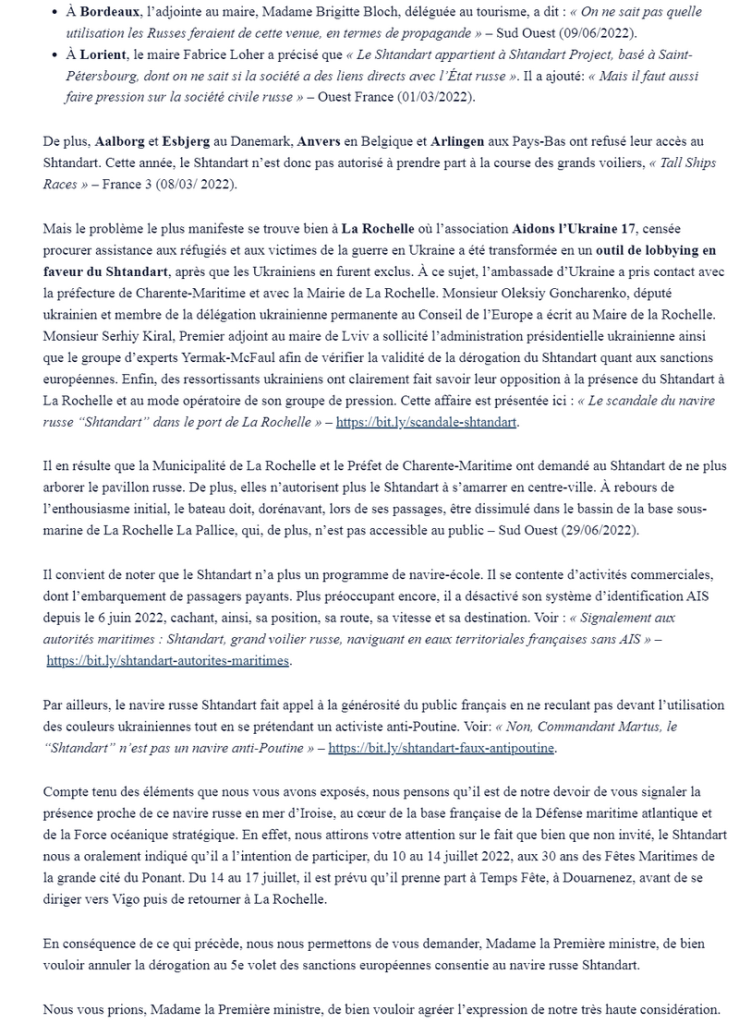 Scandale du Shtandart: Roman Sushchenko et Oleh Sentsov - lettre à la première ministre, Elisabeth Borne -page deux