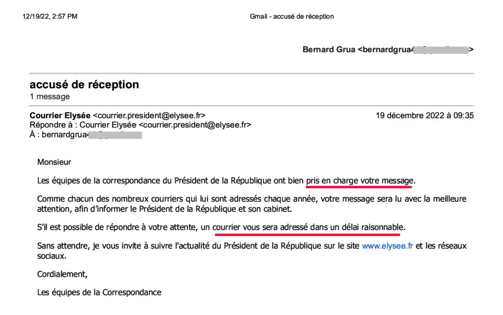 Président Emmanuel Macron, accusé de réception du message frégate russe Shtandart