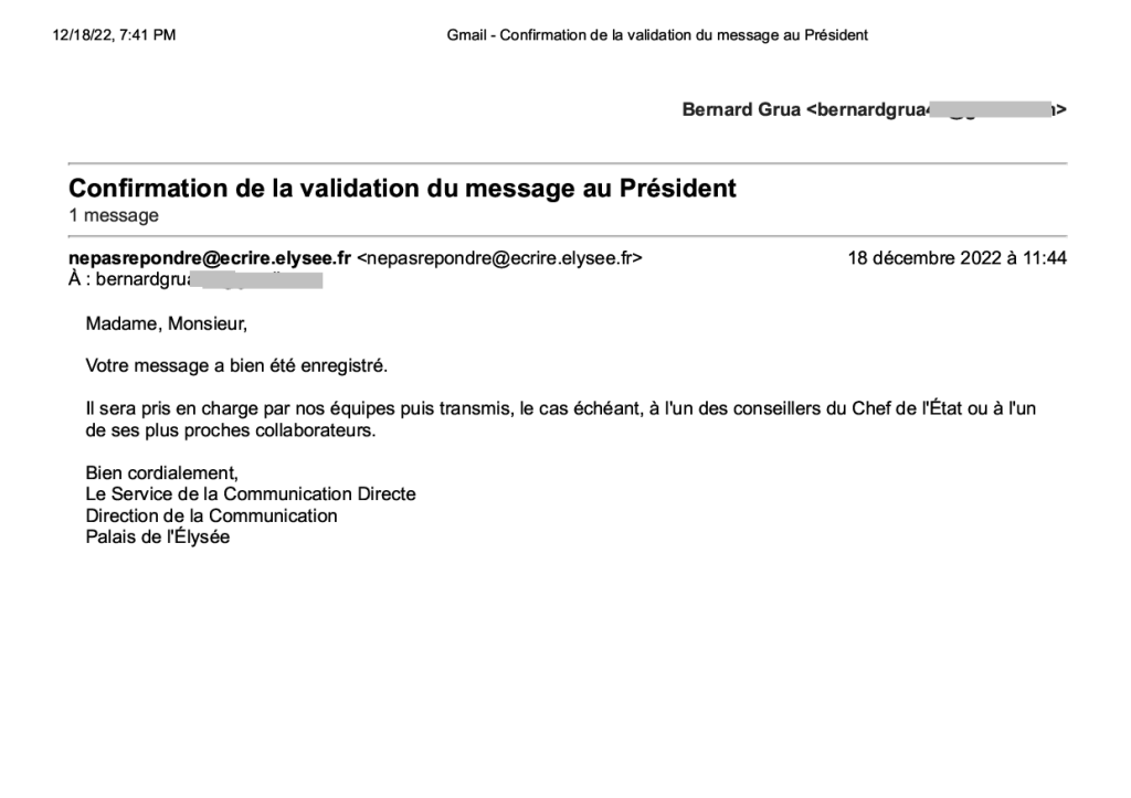 Président Emmanuel Macron, confirmation du message frégate russe Shtandart