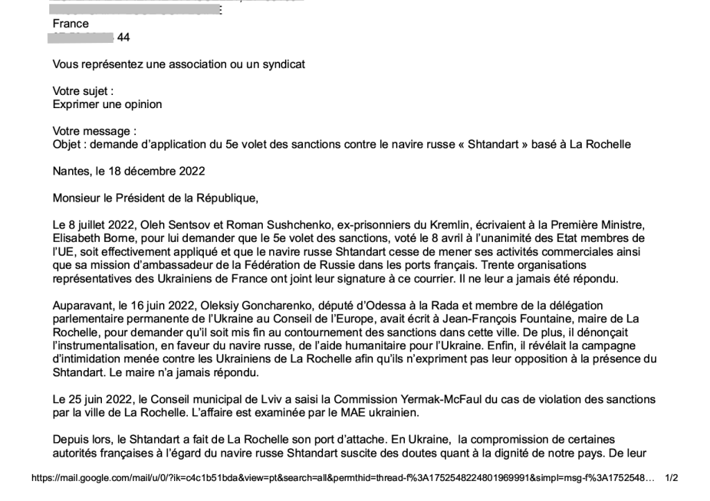 Président Emmanuel Macron, validation du message frégate russe Shtandart, page - page deux