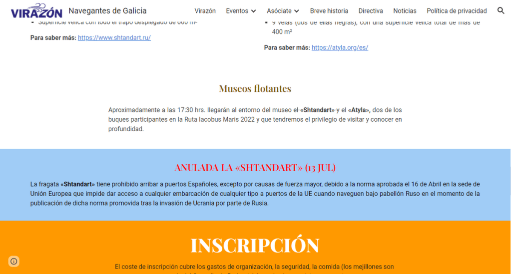 Explication de l'annulation de la participation du Shtandart à la Ruta Iacobus Maris de Vigo