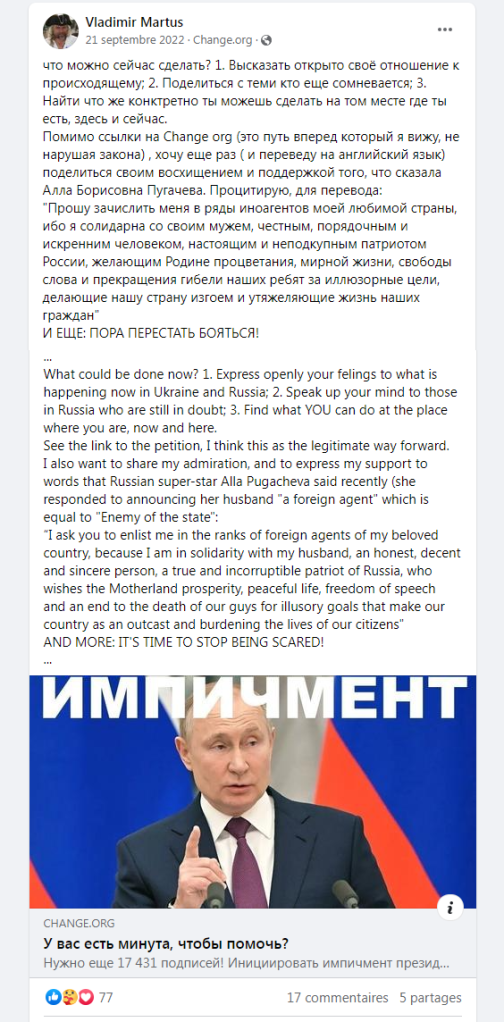 Pétition appelant à la destitution de Poutine pour a destruction du peuple russe