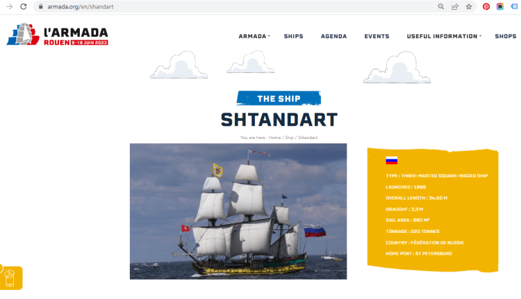 Російський корабель «Штандарт» найнятий як постачальник послуг для «L' Armada Rouen 2023»