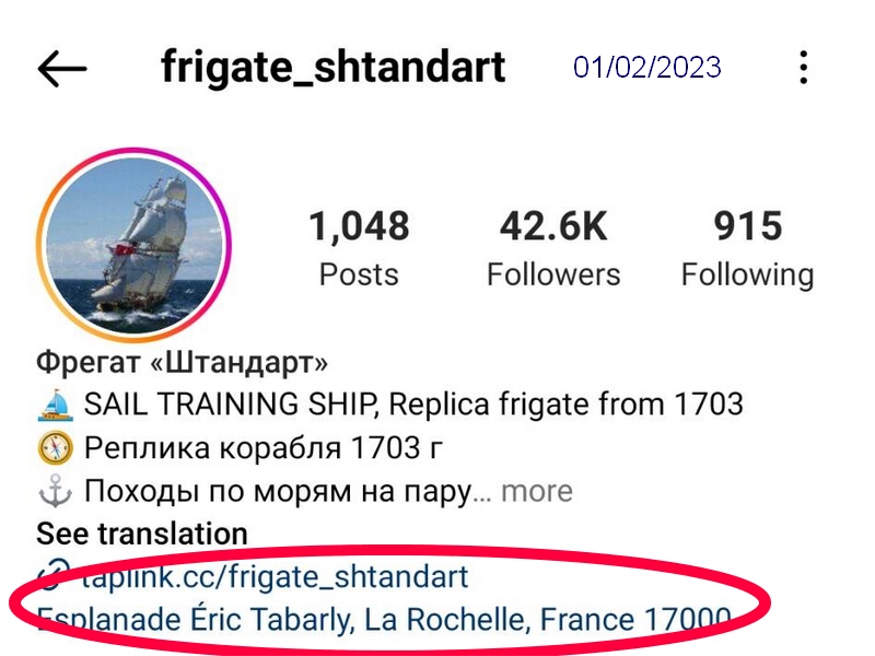 Michel Balique, Amis des Grands Voiliers : adresse du Shtandart sur Instagram
